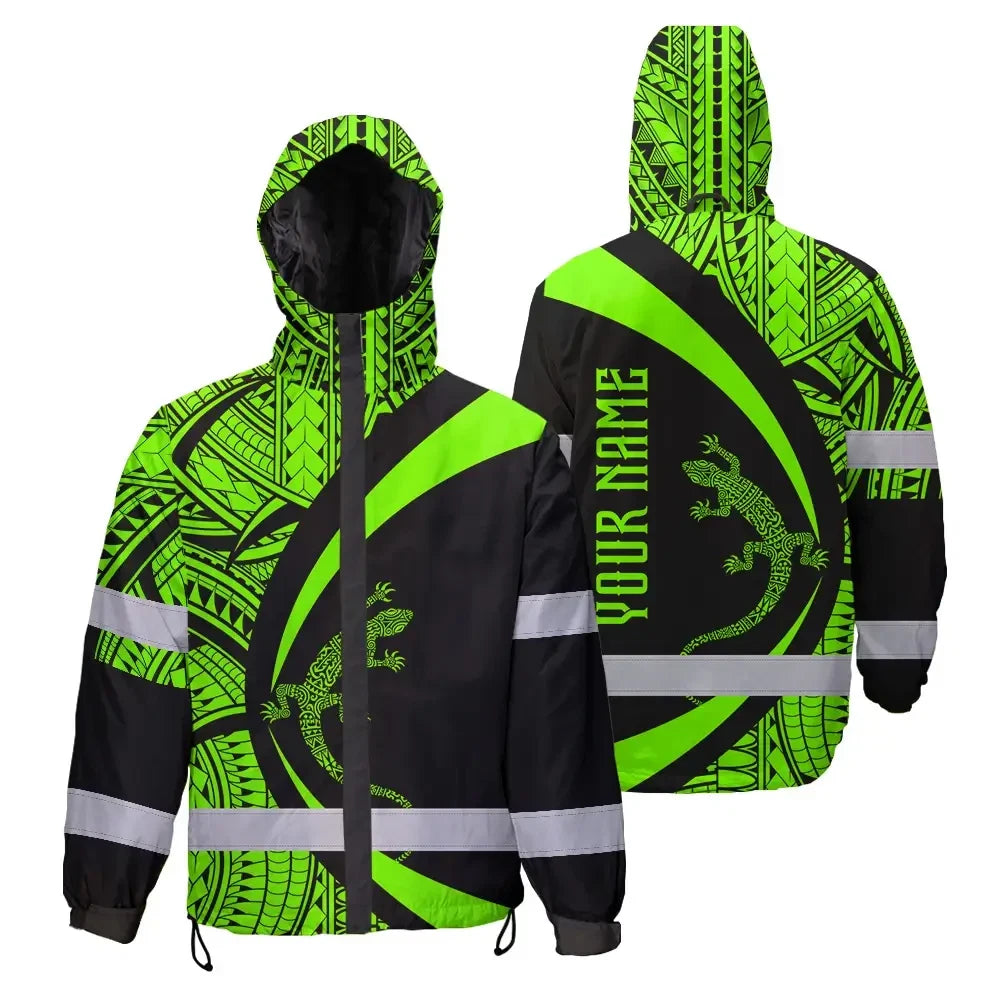 Hi Vis Jacket Waterproof Reflective Tapes Green Neon Hawaii Custom Name Safety Workwear For Workers, Truckers, Operators