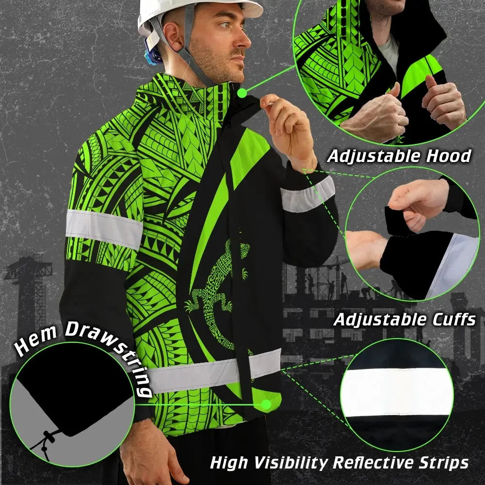 Hi Vis Jacket Waterproof Reflective Tapes Green Neon Hawaii Custom Name Safety Workwear For Workers, Truckers, Operators