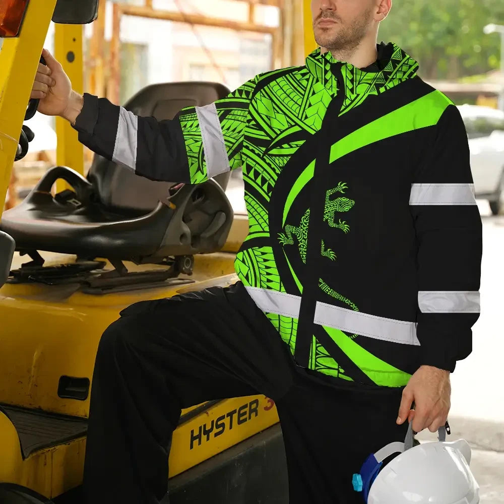Hi Vis Jacket Waterproof Reflective Tapes Green Neon Hawaii Custom Name Safety Workwear For Workers, Truckers, Operators