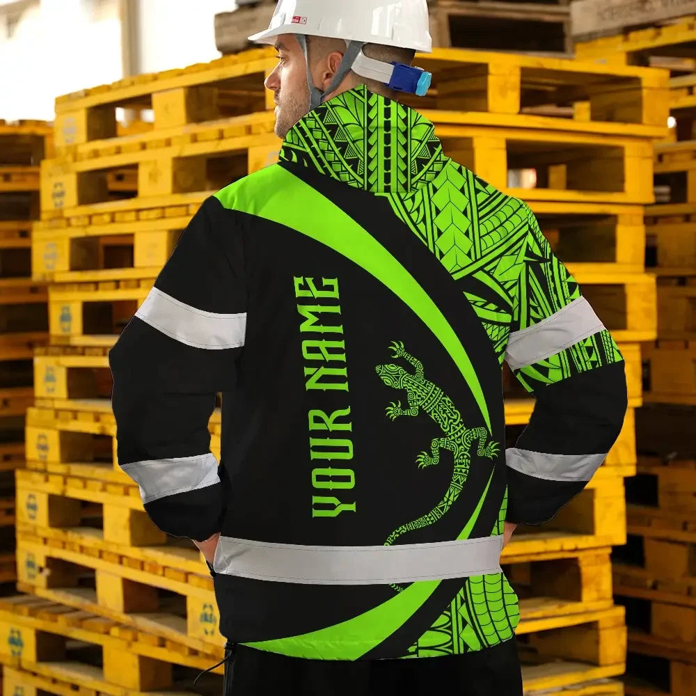 Hi Vis Jacket Waterproof Reflective Tapes Green Neon Hawaii Custom Name Safety Workwear For Workers, Truckers, Operators