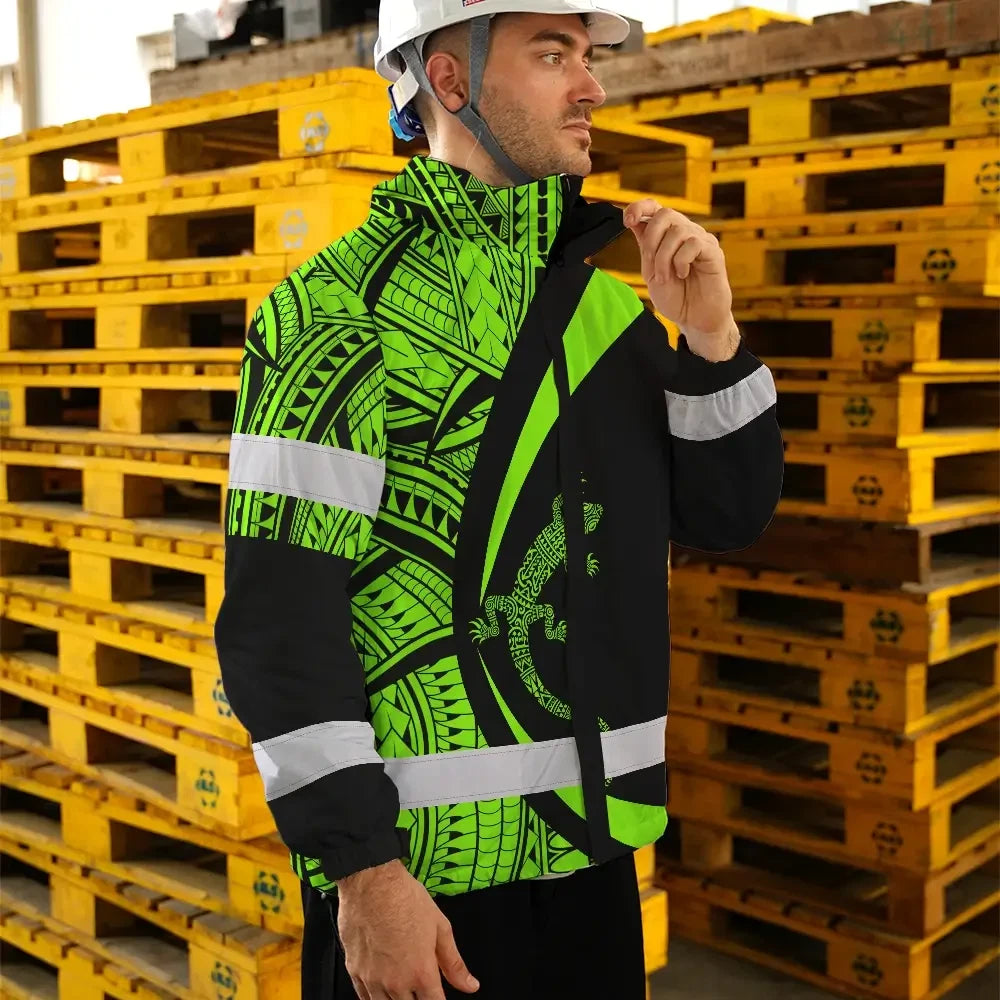 Hi Vis Jacket Waterproof Reflective Tapes Green Neon Hawaii Custom Name Safety Workwear For Workers, Truckers, Operators