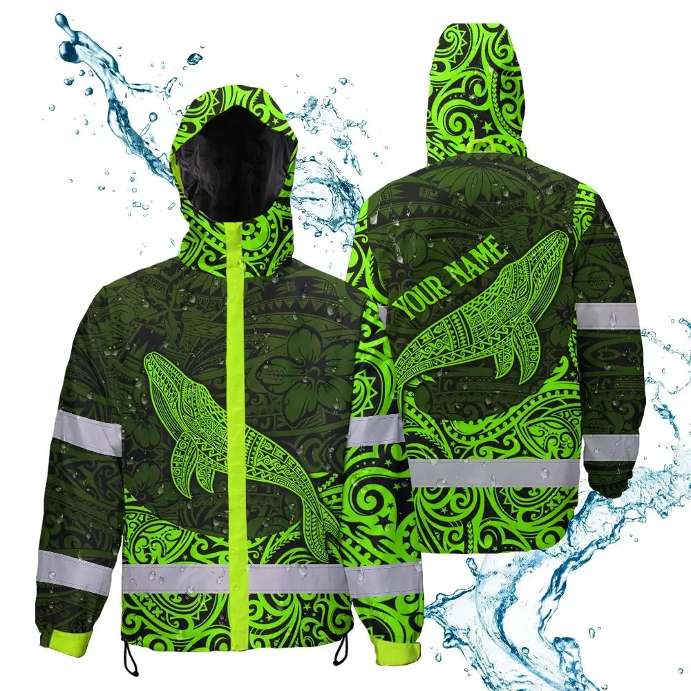 Hi Vis Jacket Waterproof Reflective Tapes Green Neon Hawaii Whale Custom Name Safety Workwear For Workers, Truckers, Operators