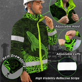 Hi Vis Jacket Waterproof Reflective Tapes Green Neon Hawaii Whale Custom Name Safety Workwear For Workers, Truckers, Operators