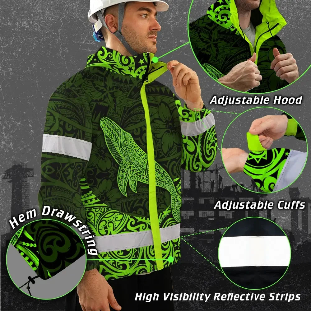Hi Vis Jacket Waterproof Reflective Tapes Green Neon Hawaii Whale Custom Name Safety Workwear For Workers, Truckers, Operators