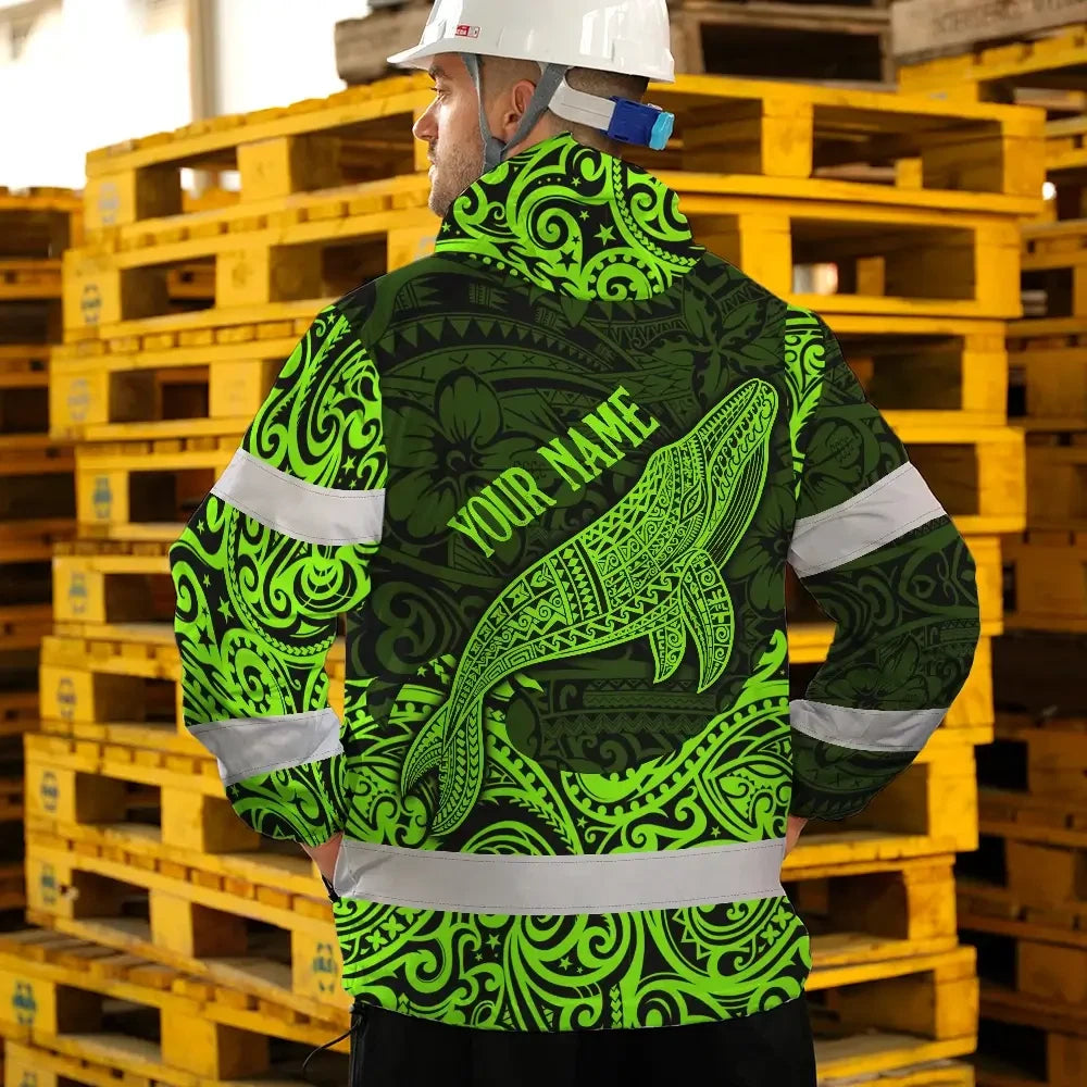 Hi Vis Jacket Waterproof Reflective Tapes Green Neon Hawaii Whale Custom Name Safety Workwear For Workers, Truckers, Operators