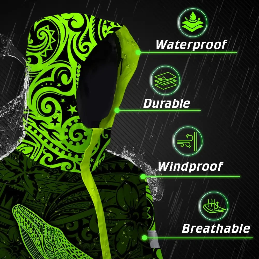 Hi Vis Jacket Waterproof Reflective Tapes Green Neon Hawaii Whale Custom Name Safety Workwear For Workers, Truckers, Operators