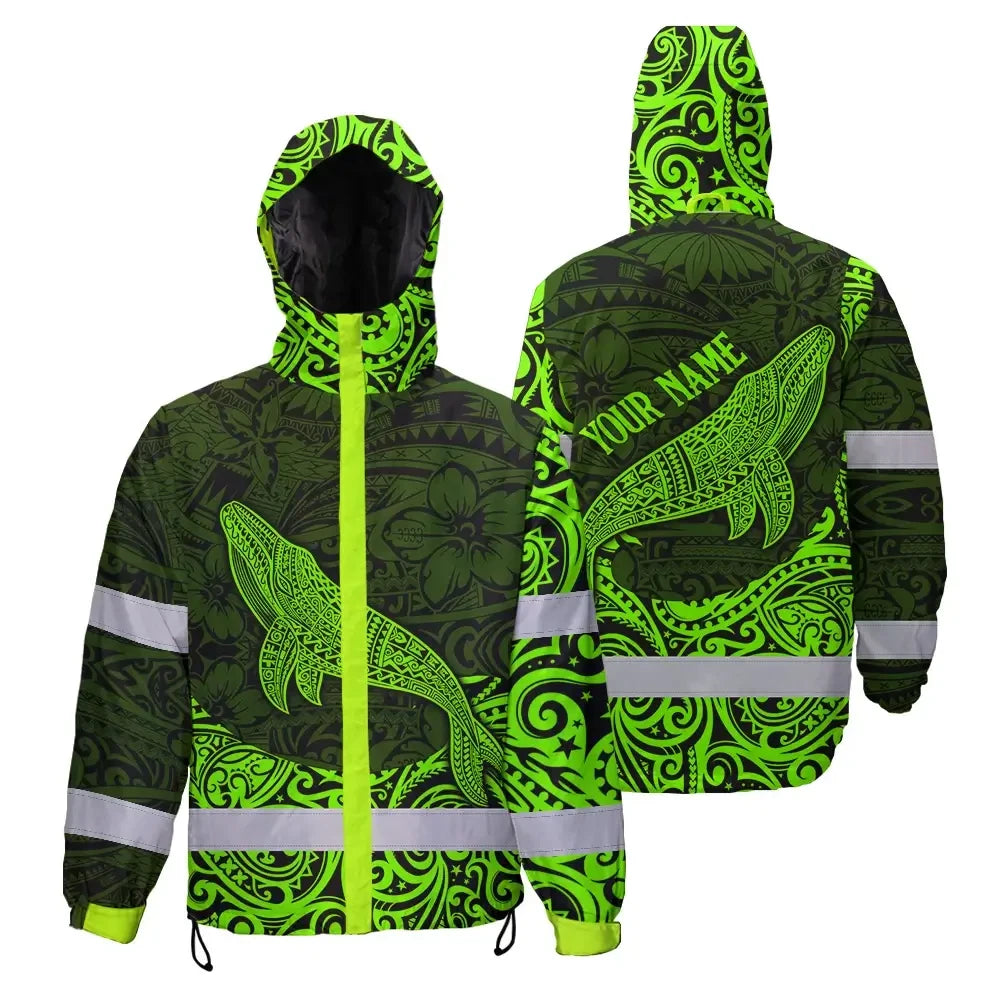 Hi Vis Jacket Waterproof Reflective Tapes Green Neon Hawaii Whale Custom Name Safety Workwear For Workers, Truckers, Operators