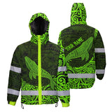 Hi Vis Jacket Waterproof Reflective Tapes Green Neon Hawaii Whale Custom Name Safety Workwear For Workers, Truckers, Operators