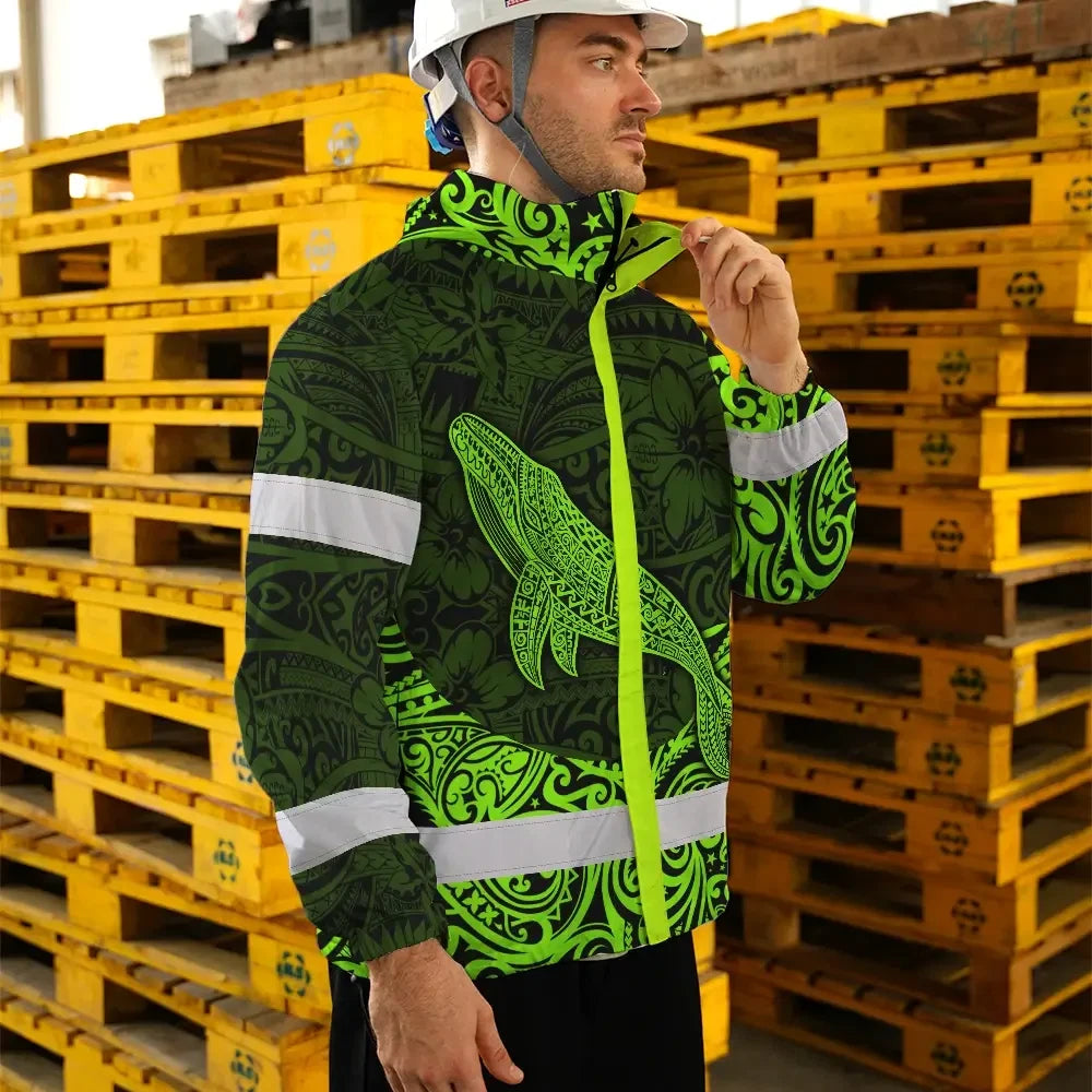 Hi Vis Jacket Waterproof Reflective Tapes Green Neon Hawaii Whale Custom Name Safety Workwear For Workers, Truckers, Operators
