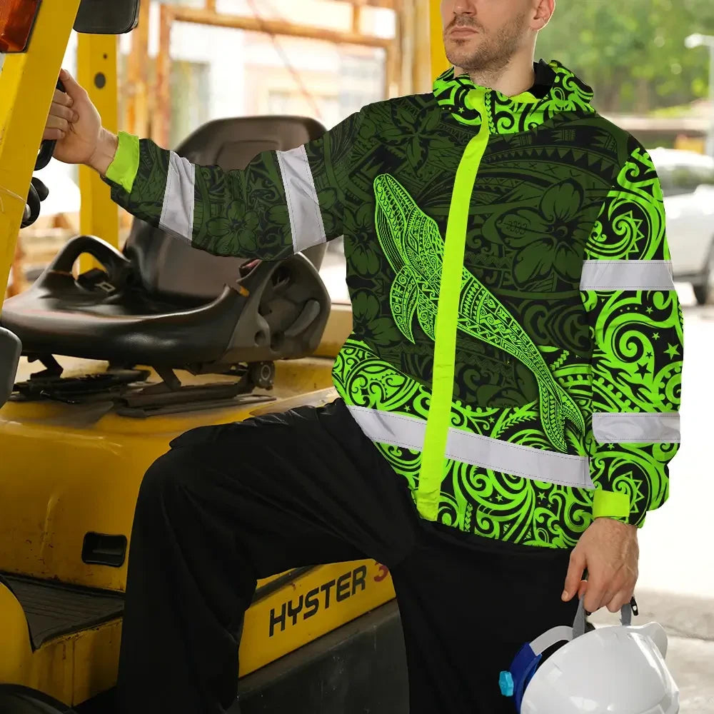 Hi Vis Jacket Waterproof Reflective Tapes Green Neon Hawaii Whale Custom Name Safety Workwear For Workers, Truckers, Operators