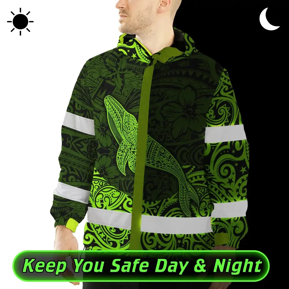 Hi Vis Jacket Waterproof Reflective Tapes Green Neon Hawaii Whale Custom Name Safety Workwear For Workers, Truckers, Operators