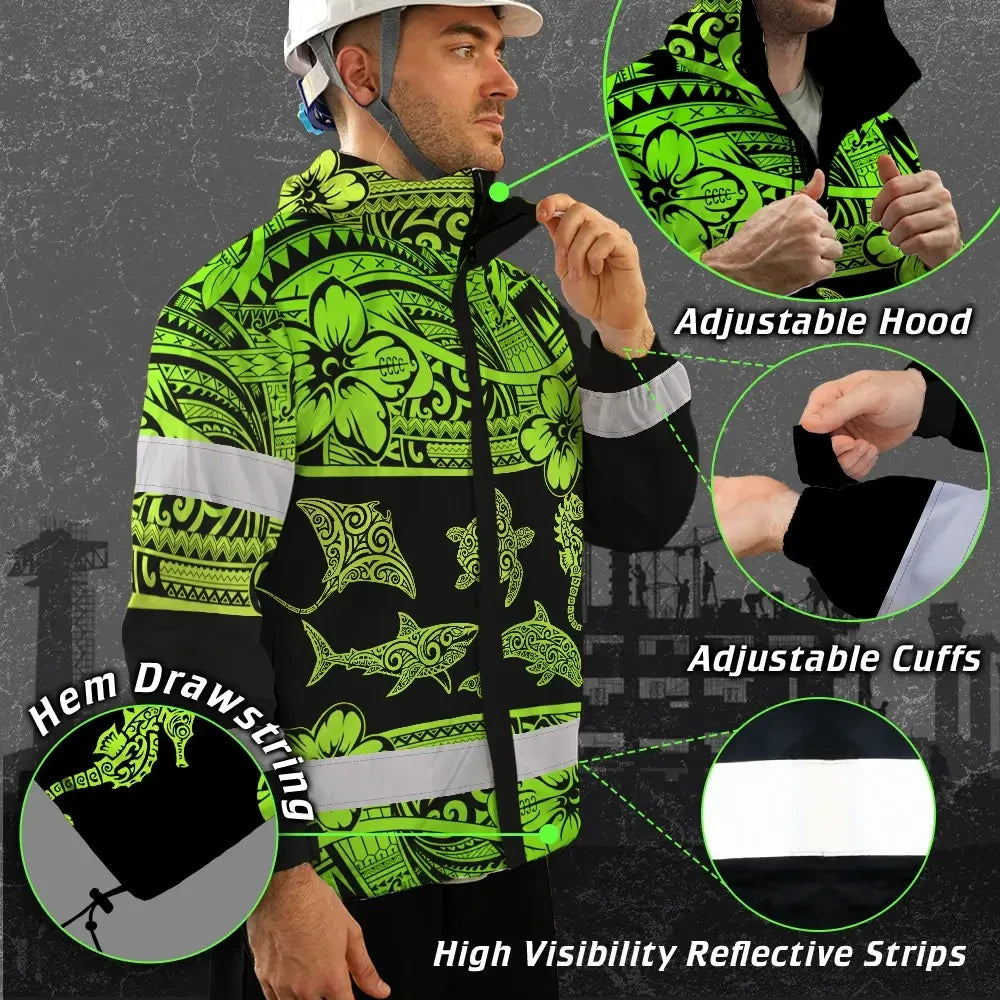 Hi Vis Jacket Waterproof Reflective Tapes Green Neon Hawaiian Polynesian Tribal Custom Name Safety Workwear For Workers, Truckers, Operators