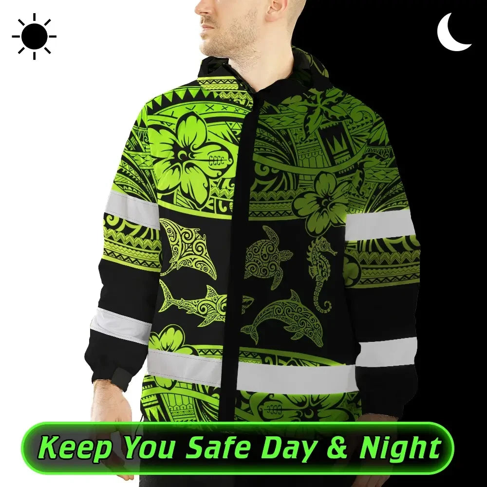 Hi Vis Jacket Waterproof Reflective Tapes Green Neon Hawaiian Polynesian Tribal Custom Name Safety Workwear For Workers, Truckers, Operators