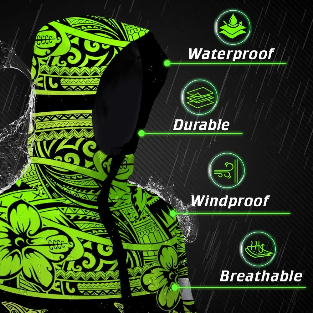 Hi Vis Jacket Waterproof Reflective Tapes Green Neon Hawaiian Polynesian Tribal Custom Name Safety Workwear For Workers, Truckers, Operators