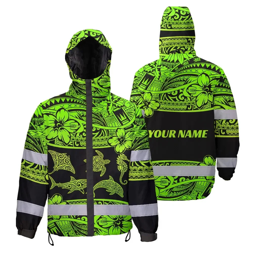 Hi Vis Jacket Waterproof Reflective Tapes Green Neon Hawaiian Polynesian Tribal Custom Name Safety Workwear For Workers, Truckers, Operators