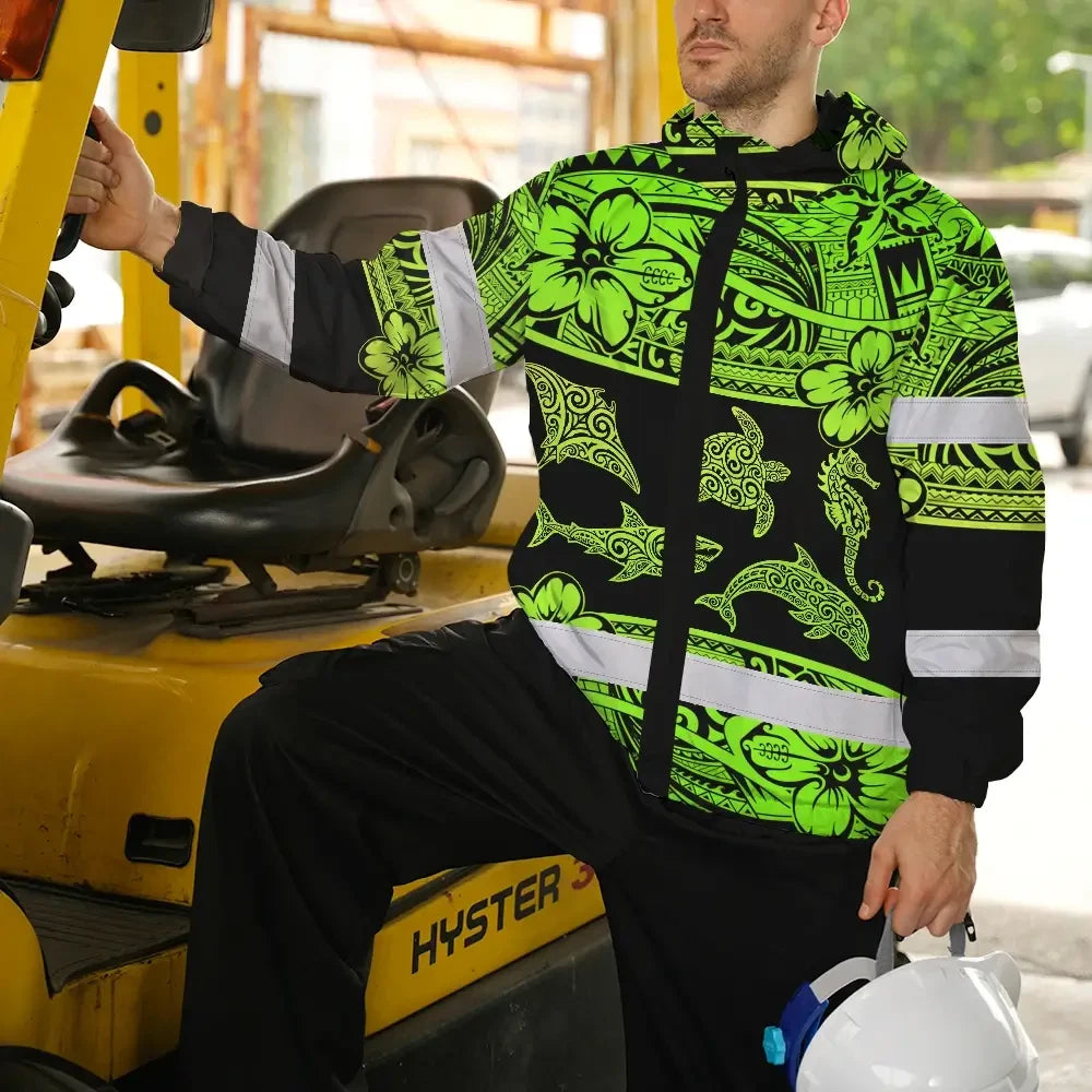 Hi Vis Jacket Waterproof Reflective Tapes Green Neon Hawaiian Polynesian Tribal Custom Name Safety Workwear For Workers, Truckers, Operators