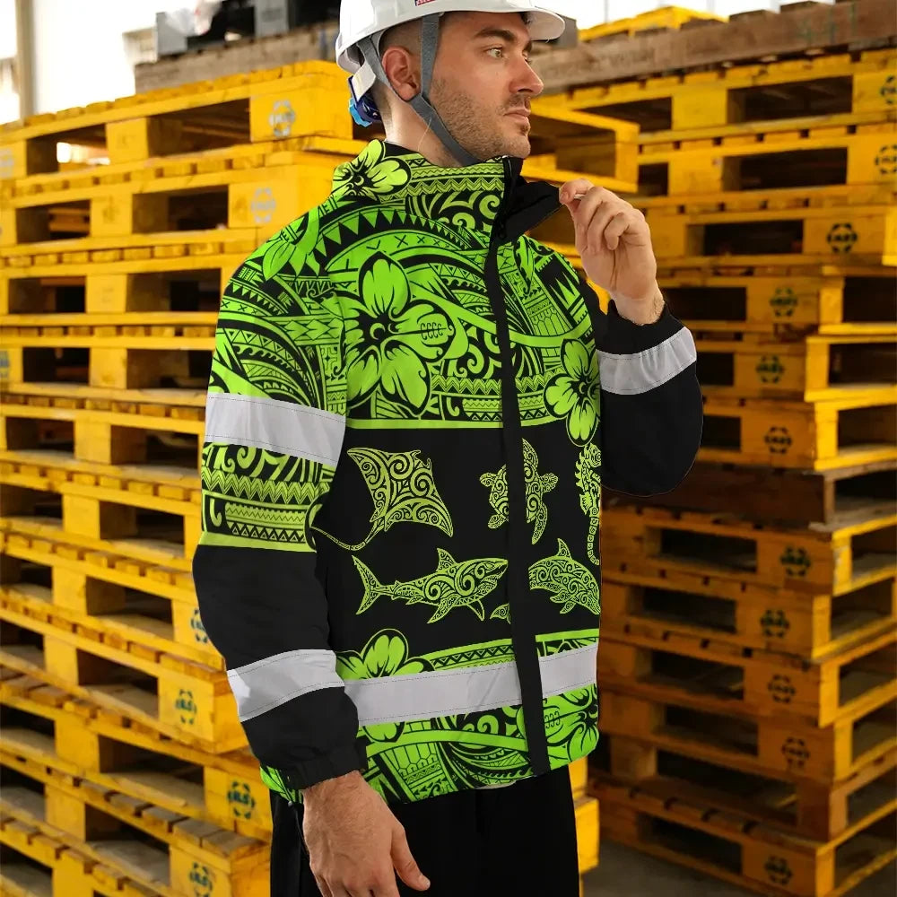 Hi Vis Jacket Waterproof Reflective Tapes Green Neon Hawaiian Polynesian Tribal Custom Name Safety Workwear For Workers, Truckers, Operators