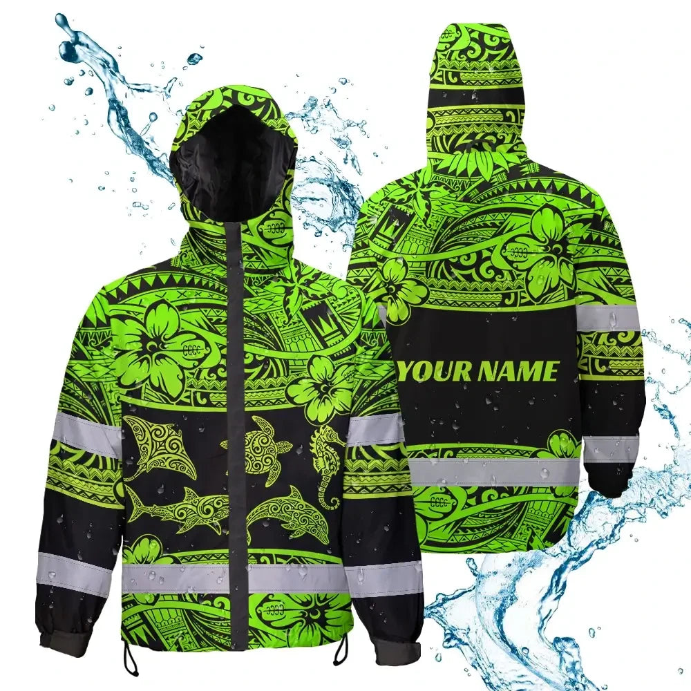 Hi Vis Jacket Waterproof Reflective Tapes Green Neon Hawaiian Polynesian Tribal Custom Name Safety Workwear For Workers, Truckers, Operators