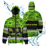 Hi Vis Jacket Waterproof Reflective Tapes Green Neon Hawaiian Polynesian Tribal Custom Name Safety Workwear For Workers, Truckers, Operators