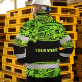 Hi Vis Jacket Waterproof Reflective Tapes Green Neon Hawaiian Polynesian Tribal Custom Name Safety Workwear For Workers, Truckers, Operators
