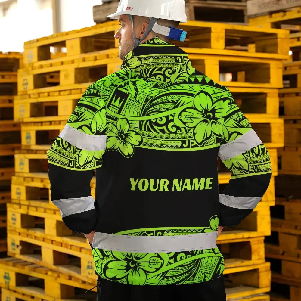 Hi Vis Jacket Waterproof Reflective Tapes Green Neon Hawaiian Polynesian Tribal Custom Name Safety Workwear For Workers, Truckers, Operators