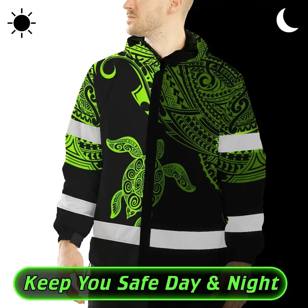 Hi Vis Jacket Waterproof Reflective Tapes Green Neon Turtle Hawaii Custom Name Safety Workwear For Workers, Truckers, Operators