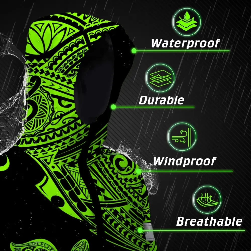 Hi Vis Jacket Waterproof Reflective Tapes Green Neon Turtle Hawaii Custom Name Safety Workwear For Workers, Truckers, Operators