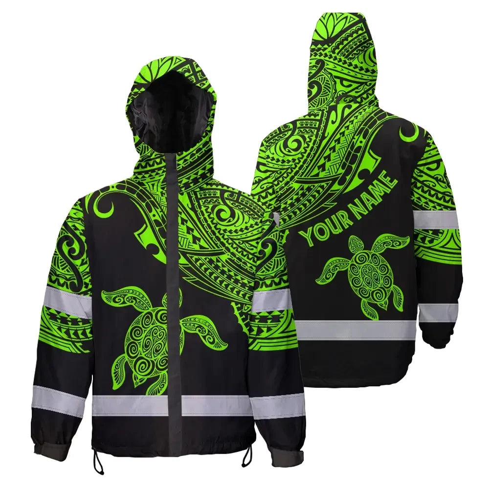 Hi Vis Jacket Waterproof Reflective Tapes Green Neon Turtle Hawaii Custom Name Safety Workwear For Workers, Truckers, Operators