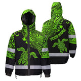 Hi Vis Jacket Waterproof Reflective Tapes Green Neon Turtle Hawaii Custom Name Safety Workwear For Workers, Truckers, Operators