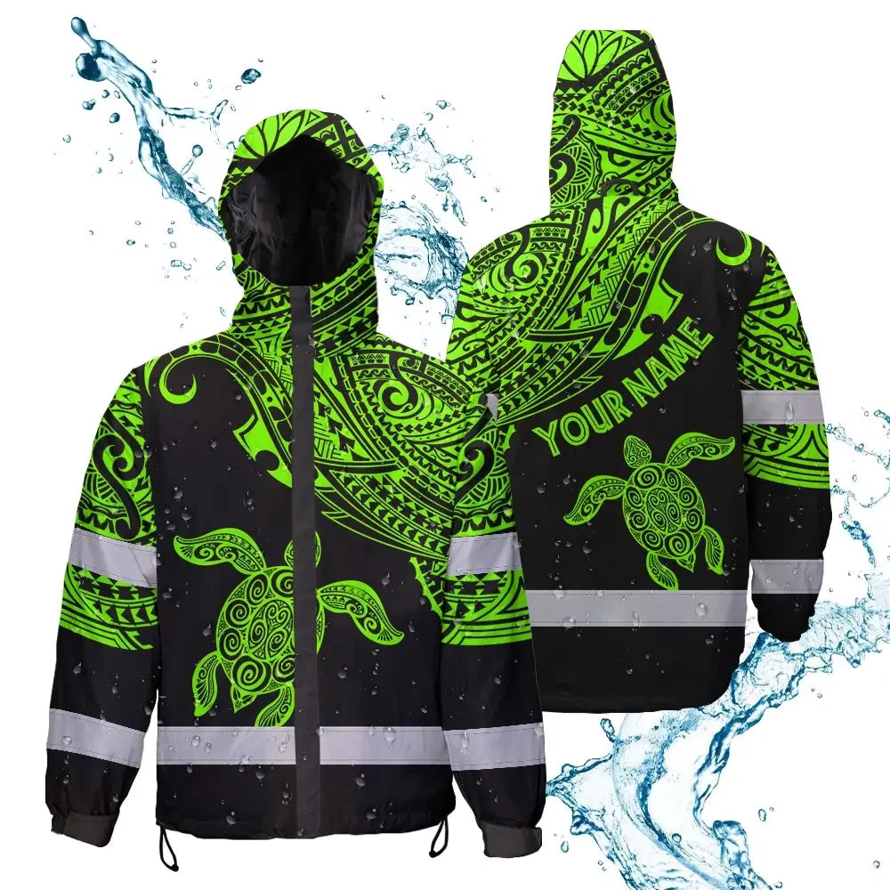 Hi Vis Jacket Waterproof Reflective Tapes Green Neon Turtle Hawaii Custom Name Safety Workwear For Workers, Truckers, Operators