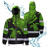 Hi Vis Jacket Waterproof Reflective Tapes Green Neon Turtle Hawaii Custom Name Safety Workwear For Workers, Truckers, Operators