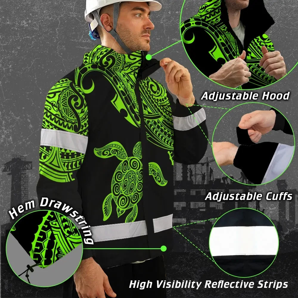 Hi Vis Jacket Waterproof Reflective Tapes Green Neon Turtle Hawaii Custom Name Safety Workwear For Workers, Truckers, Operators