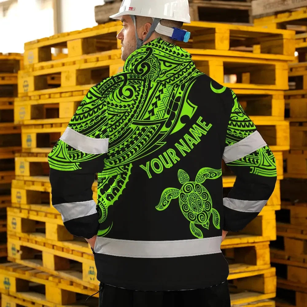 Hi Vis Jacket Waterproof Reflective Tapes Green Neon Turtle Hawaii Custom Name Safety Workwear For Workers, Truckers, Operators