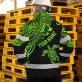 Hi Vis Jacket Waterproof Reflective Tapes Green Neon Turtle Hawaii Custom Name Safety Workwear For Workers, Truckers, Operators