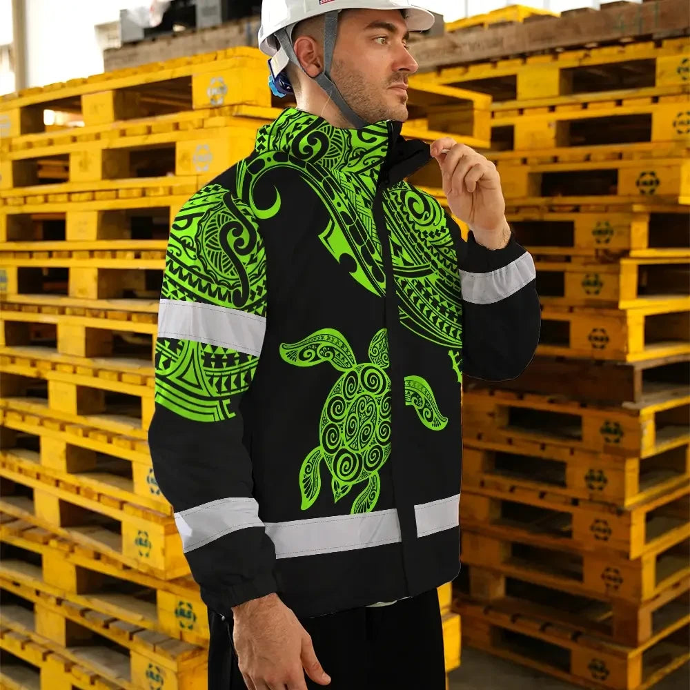 Hi Vis Jacket Waterproof Reflective Tapes Green Neon Turtle Hawaii Custom Name Safety Workwear For Workers, Truckers, Operators