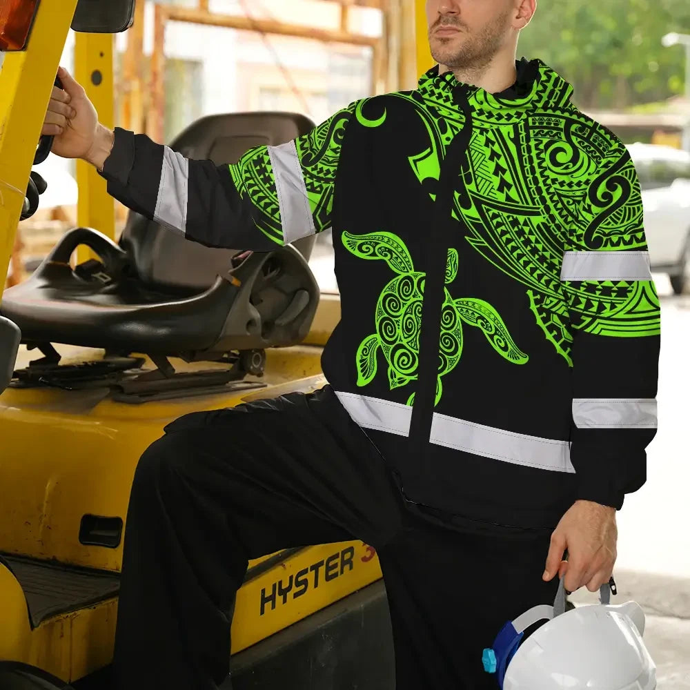 Hi Vis Jacket Waterproof Reflective Tapes Green Neon Turtle Hawaii Custom Name Safety Workwear For Workers, Truckers, Operators