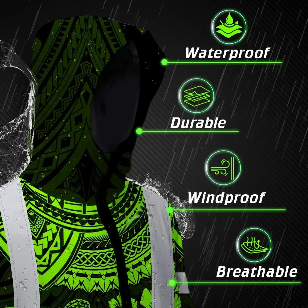 Hi Vis Jacket Waterproof Reflective Tapes Green Turtle Flower Hawaiian Polynesian Tribal Custom Name Safety Workwear For Workers, Truckers, Operators