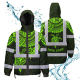 Hi Vis Jacket Waterproof Reflective Tapes Green Turtle Flower Hawaiian Polynesian Tribal Custom Name Safety Workwear For Workers, Truckers, Operators