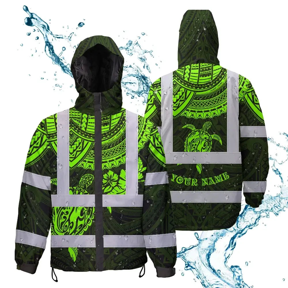 Hi Vis Jacket Waterproof Reflective Tapes Green Turtle Flower Hawaiian Polynesian Tribal Custom Name Safety Workwear For Workers, Truckers, Operators