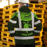 Hi Vis Jacket Waterproof Reflective Tapes Green Turtle Flower Hawaiian Polynesian Tribal Custom Name Safety Workwear For Workers, Truckers, Operators