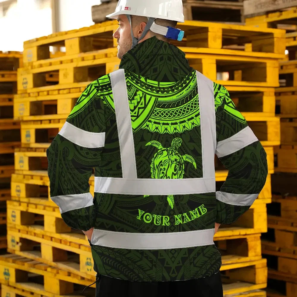 Hi Vis Jacket Waterproof Reflective Tapes Green Turtle Flower Hawaiian Polynesian Tribal Custom Name Safety Workwear For Workers, Truckers, Operators