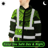 Hi Vis Jacket Waterproof Reflective Tapes Green Turtle Flower Hawaiian Polynesian Tribal Custom Name Safety Workwear For Workers, Truckers, Operators