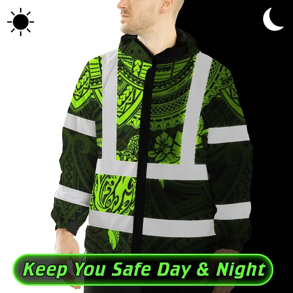Hi Vis Jacket Waterproof Reflective Tapes Green Turtle Flower Hawaiian Polynesian Tribal Custom Name Safety Workwear For Workers, Truckers, Operators