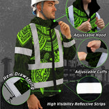 Hi Vis Jacket Waterproof Reflective Tapes Green Turtle Flower Hawaiian Polynesian Tribal Custom Name Safety Workwear For Workers, Truckers, Operators