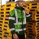 Hi Vis Jacket Waterproof Reflective Tapes Green Turtle Flower Hawaiian Polynesian Tribal Custom Name Safety Workwear For Workers, Truckers, Operators