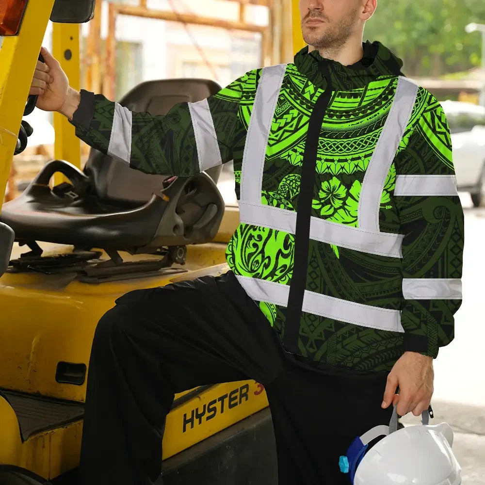 Hi Vis Jacket Waterproof Reflective Tapes Green Turtle Flower Hawaiian Polynesian Tribal Custom Name Safety Workwear For Workers, Truckers, Operators