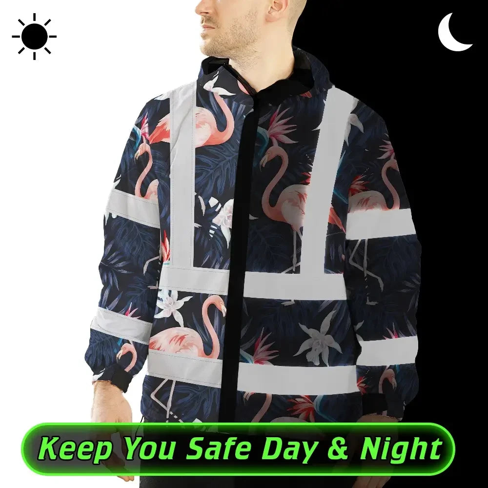 Hi Vis Jacket Waterproof Reflective Tapes Hawaii Flamingo 2 Custom Name Safety Workwear For Workers, Truckers, Operators