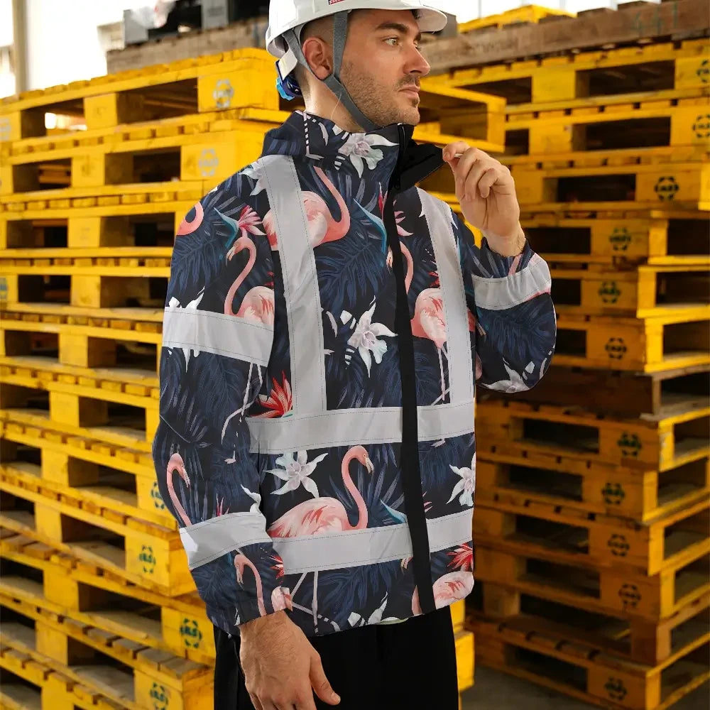 Hi Vis Jacket Waterproof Reflective Tapes Hawaii Flamingo 2 Custom Name Safety Workwear For Workers, Truckers, Operators