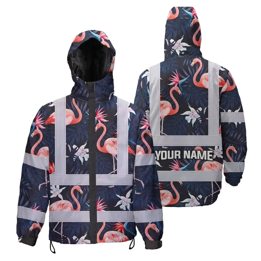 Hi Vis Jacket Waterproof Reflective Tapes Hawaii Flamingo 2 Custom Name Safety Workwear For Workers, Truckers, Operators