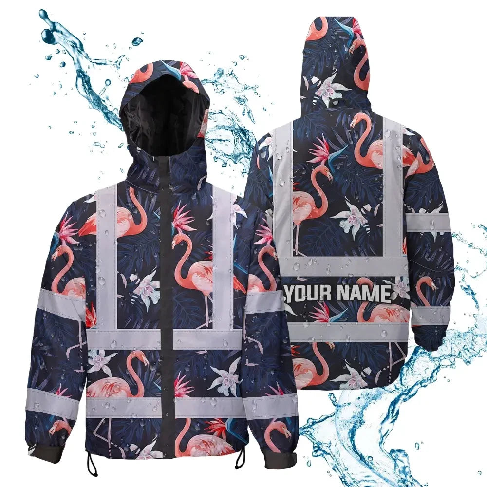 Hi Vis Jacket Waterproof Reflective Tapes Hawaii Flamingo 2 Custom Name Safety Workwear For Workers, Truckers, Operators